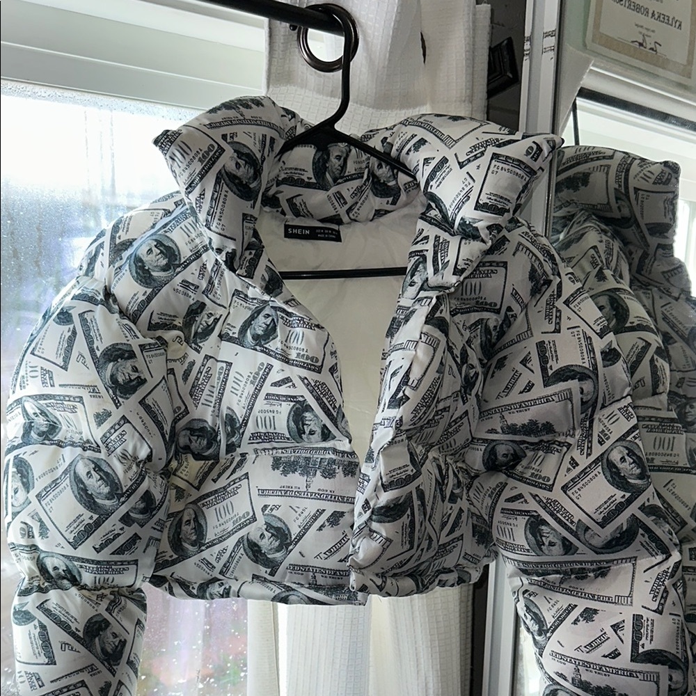 White Money Print Cropped Jacket